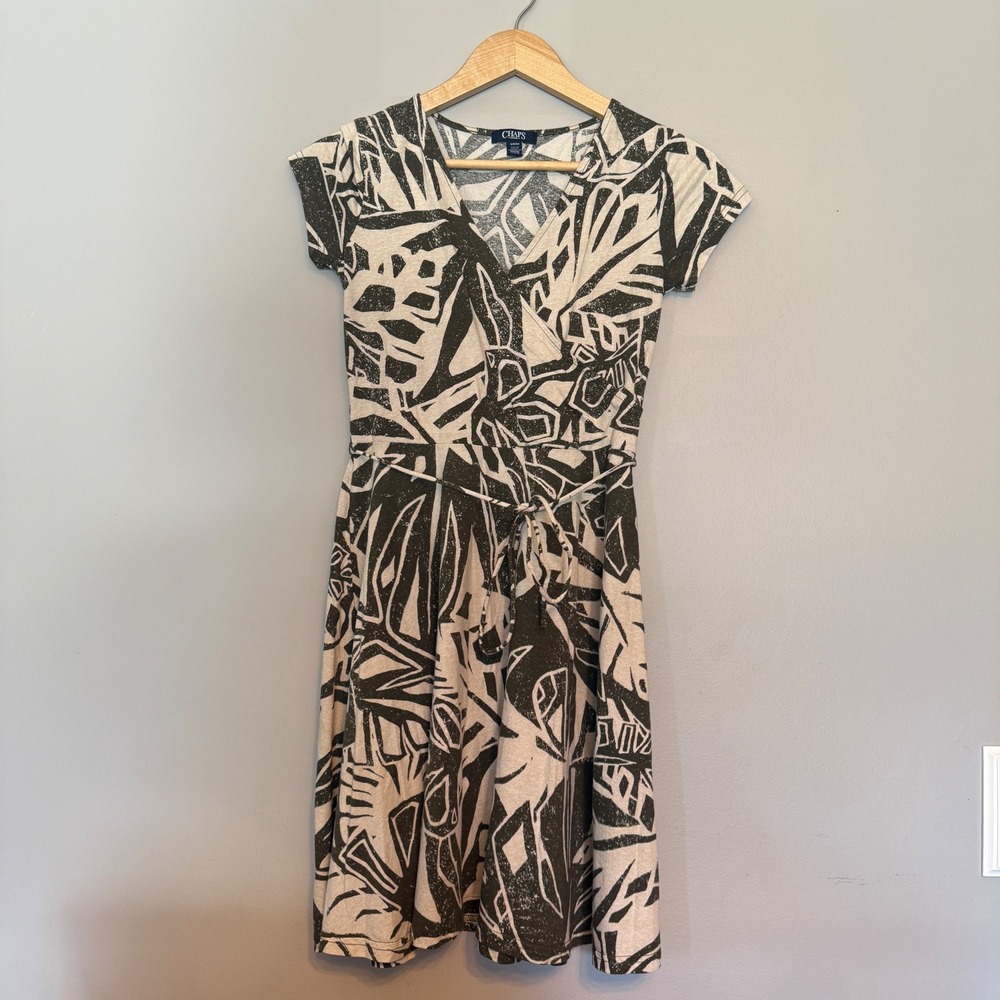 Chaps‎ Denim Womens Small Olive Green Cream Tropical Leaf Faux Wrap Dress Cotton